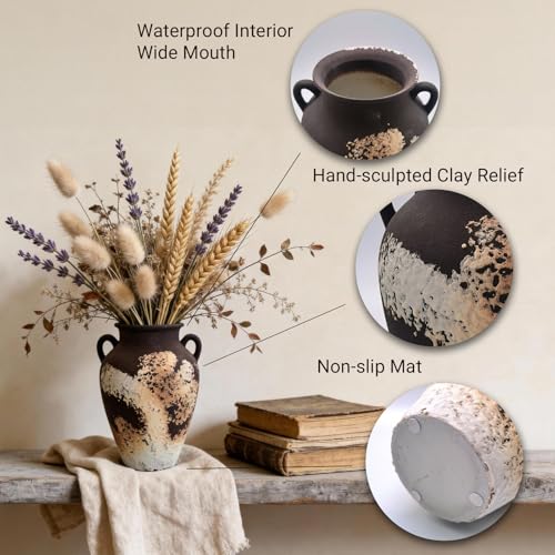 10 Inch Hand-Sculpted Ceramic Flower Vase, Vintage Terracotta Vase with Handles, Decorative Pottery for Home Decor and Office (Matte Black and Dark Brown)