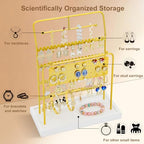Jewelry Organizer Stand Metal Jewelry Display Rack with Wooden Tray Necklace Stand Partitioned Storage for Rings, Earrings and Bracelets Jewelry Rack(Gold) - color: Gold-White Tray