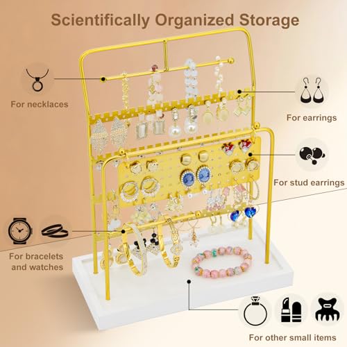 Jewelry Organizer Stand Metal Jewelry Display Rack with Wooden Tray Necklace Stand Partitioned Storage for Rings, Earrings and Bracelets Jewelry Rack(Gold) - color: Gold-White Tray