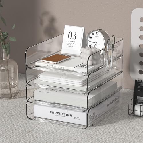 FANXIYQ 4-Tier Acrylic Paper Tray Organizer with Pen Holder | Clear Stackable Desk Organizer for Documents, Letters, A4 Paper | Modern Office/Classroom/Home Organization - color: 4-tier-vertical With Pen Holder