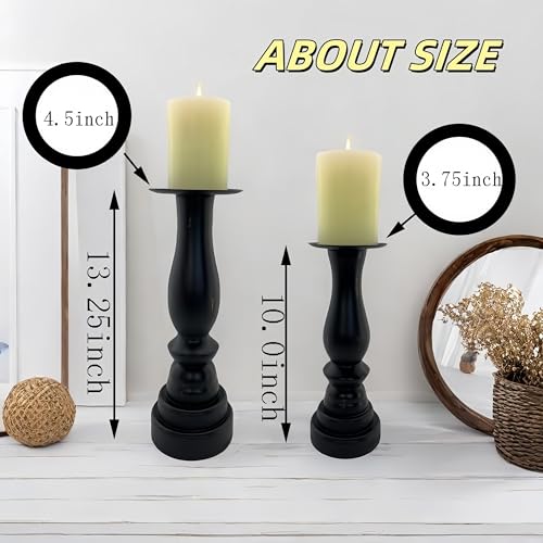 Black Worn Pillar Candle Holder - Rustic Wooden Farmhouse Candlestick Holders for - 2 Piece Set - color: Black-01