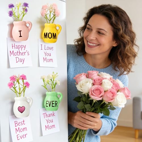 4 Pcs Mini Vase Fridge Magnets, Cute Ceramic Refrigerator Magnets with Artificial Flowers, Ideal for Mother’s Day and Birthday Gifts, Kitchen and Office Decor