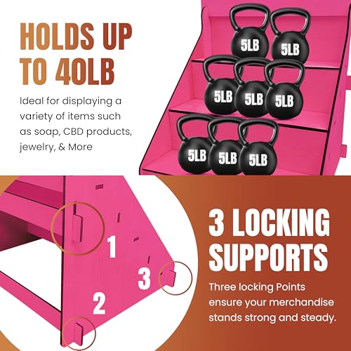 Wooden Portable Retail Table Display Stand Countertop 3 Step Riser Craft Shows, Farmers Markets Tradeshows |No Hardware Assembly Flat Pack Soap Display CBD Jewelry Spices Cups Tumblers Coasters - color: Pink