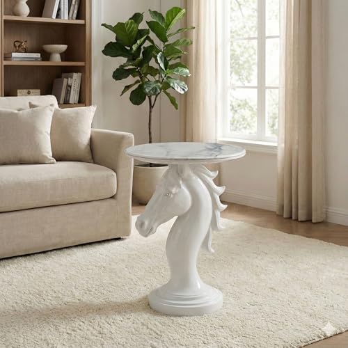Modern End Table Living Room - Horse Statue White Faux Marble Night Stand, 23" Tall Contemporary‌ Side Table with Horse Head Base (17.73" Wide) for Reception Area & Bedroom - style: White Horse