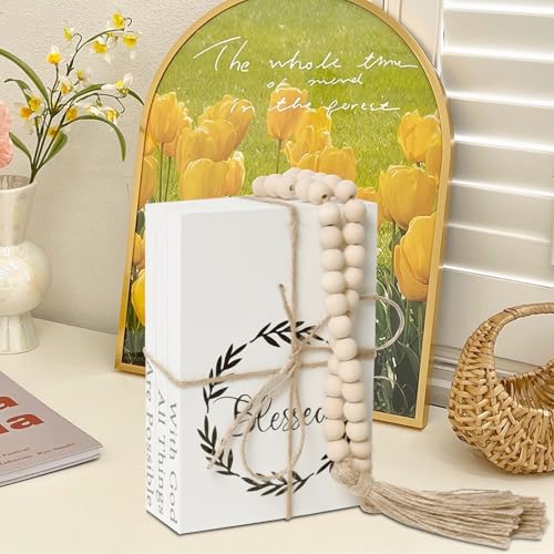 Decorative Books for Home Decor, Faux Books for Decoration, Rustic Farmhouse Decor, Fake Books with 52in Wood Beads Garland, Book Decor for Living Room Coffee Table (Blessed) - color: Blessed