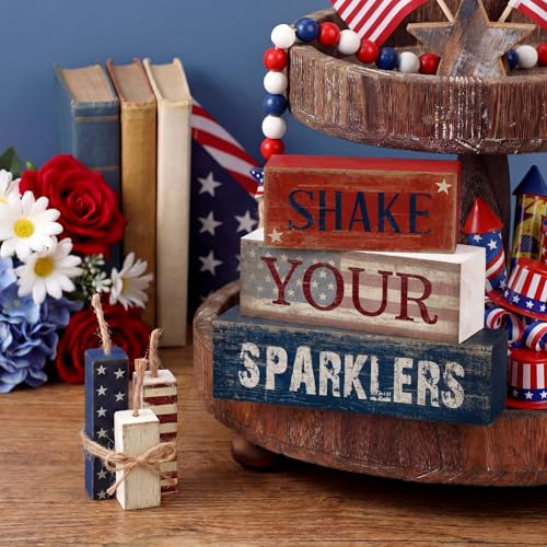 CroBlissful 4 Pcs 4th of July Decorations Patriotic Memorial Day Tabletop Decorations Red White Blue Table Centerpieces Sign for Office Tiered Tray Home Shelf 250th Anniversary(Shake) - style: Shake