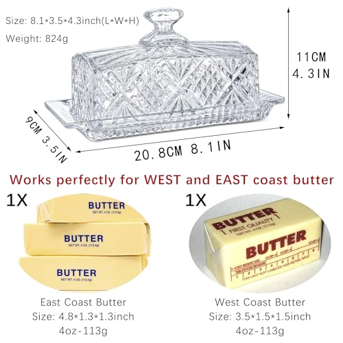 Crystal Covered Butter Dish,8inch Classic Glass 2-Piece Design Butter Keeper with Lid | Butter Holder | Dishwasher Safe - size: 8inch