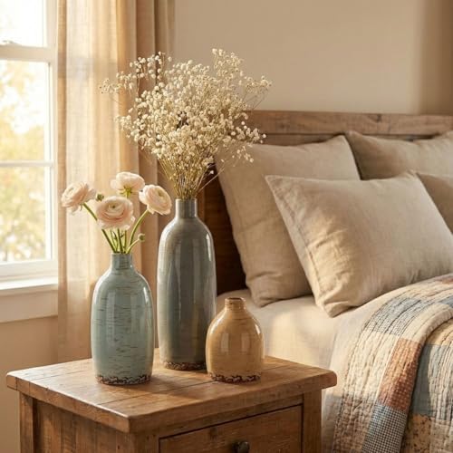 Multicolor Ceramic Vase Set of 3, Farmhouse Vases for Home Decor, Rustic Flower Vases for Living Room, Shelf, Kitchen, Mantel, Bedroom, Coffee Table, Office, Bathroom, Entryway Table Centerpiece Decor - color: Multicolor