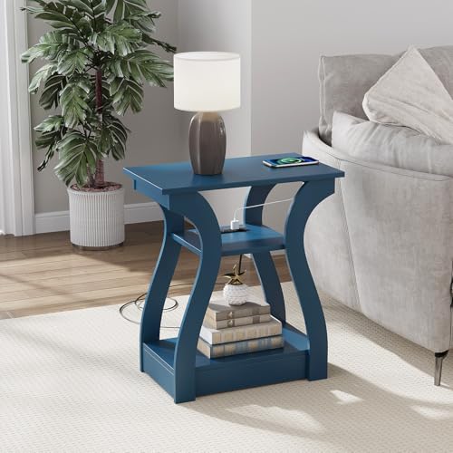 FROMJBEST End Tables Living Room, End Table end Table with Charging Station and USB,Navy Blue Side Table, Nightstand for Bedroom,3 Tier End Table with Storage Shelf for Living Room - color: Navy Blue