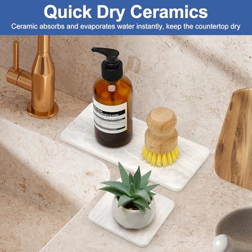 4 Pack Water Absorbing Stone Drying Tray for Bathroom Sink Trays Kitchen Counter Diatomite Stone Quick Dry Diatomaceous Earth Mat for Sink Kitchen Soap Trays Ceramic Marble Bathroom Vanity Tray - color: Marble Light Gray