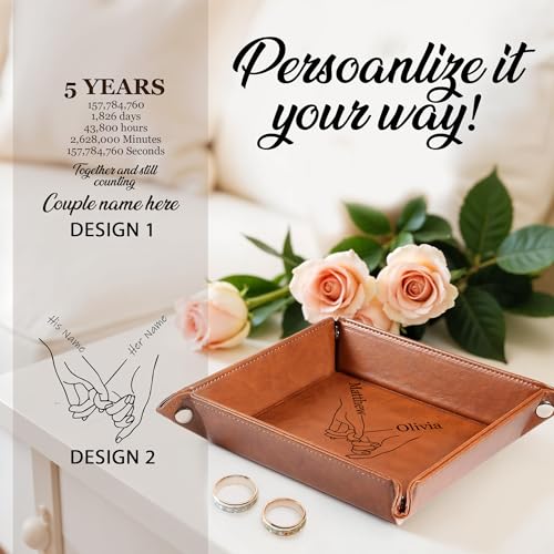 Engraved Leather Tray with Custom Name, Personalized Anniversary Idea for Him and Her, Jewelry Organizer Tray for Dresser, Desk, Nightstand, Office Keepsake Box for Men, Husband - style: Anniversary