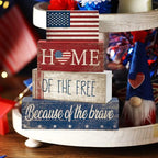 CroBlissful 4 Pcs Memorial Day Decorations Patriotic 4th of July Tabletop Decor Red White Blue Table Centerpieces Wood Block God Bless Sign for Tiered Tray Home Shelf Mantel - style: Flag