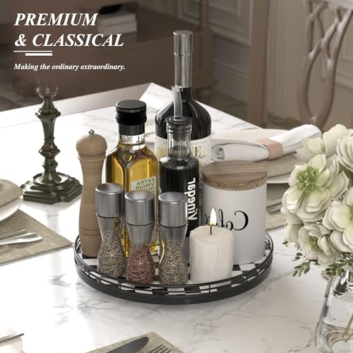 Black and White Kitchen Lazy Susan Turntable – Round Checkered Decorative Tray, 12” Table Top Oak Wood Lazy Susan for Cookies, Dining Table Organizer, Small Kitchen Table Centerpiece - color: Black & White, size: 12 inches