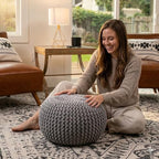 BIRDROCK HOME Round Pouf Ottoman | Cotton Braided Foot Stool with Bean Bag Filling | Boho Foot Rest for Living Room & Bedroom | Compact & Comfortable Seating, Lightweight & Soft | Light Grey