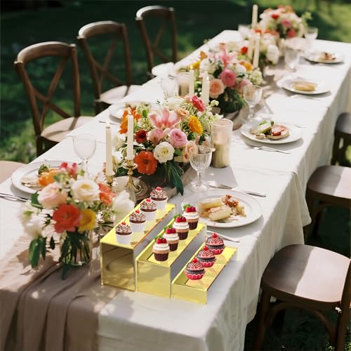 6 PCs Risers Display Stands 3 Tiers Desktop Acrylic Shelves Cake Dessert Holder Products Stand for Collectibles Shoes Jewels Pop Figure (Golden) - color: Golden