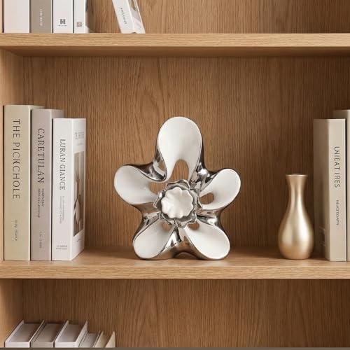 Ceramic Statue Home Decor Aesthetic Abstract Flower Sculpture Modern Decorative Statues for Living Room Bedroom Bookshelf Desktop Dinging Table Centerpiece Office(White and Silver) - color: White and Silver