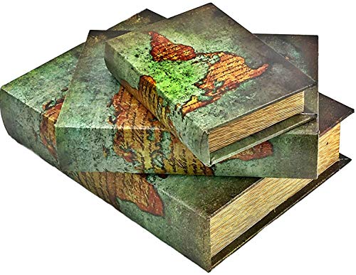 Bellaa 28007 Decorative Book Boxes World Map Pattern Vintage Bookends Invisible Secret Storage Box Set of 3 Magnetic Cover Faux Leather Wood Accent - style: Antique Map green