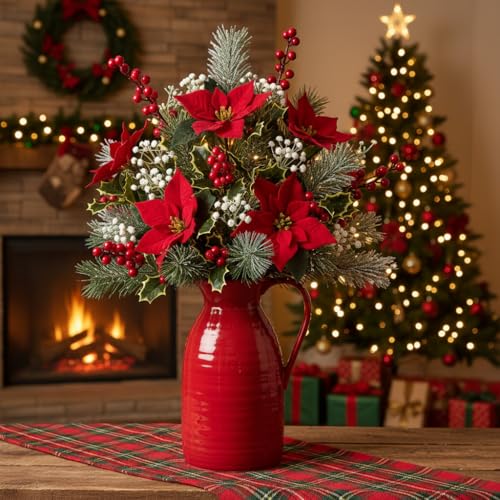 hjn hjn Farmhouse Pitcher Vase for Flowers- Ceramic Pitcher Vase Red Decorative Pitcher for Your Kitchen/Home Decor/Office/Living Room/Bookshelf/Mantel/-Red - color: Red - Pitcher Vase