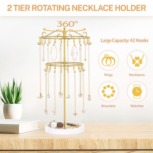 iDavosic.ly 2 Tier Rotating Necklace Holder Organizer with 42 Hooks, Adjustable Metal Bracelet Display Stand Rack, Extra Tall Keychain Spinning Tree Tower for Women, Wooden Base | White & Gold - color: White with Wooden Tray