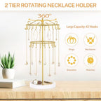 iDavosic.ly 2 Tier Rotating Necklace Holder Organizer with 42 Hooks, Adjustable Metal Bracelet Display Stand Rack, Extra Tall Keychain Spinning Tree Tower for Women, Wooden Base | White & Gold - color: White with Wooden Tray