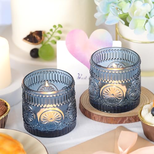 6Pcs Large Votive Candle Holders Blue Glass Tealight Candle Holders for Wedding, Table Centerpiece, Party, Birthday, Home Decor - color: Blue
