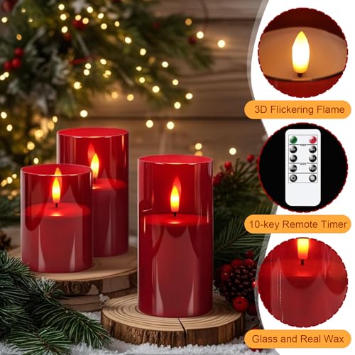 GenSwin Glass Flameless Candles with Remote Battery Operated Flickering LED Pillar Candles Real Wax 3D Wick for Wedding Festival Home Decoration(Red,Pack of 3) - color: Red