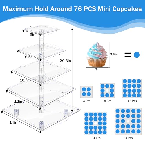 YestBuy 5 Tier Cupcake Stand Acrylic Cupcake Tower Display with LED Light Premium Cupcake Holder Dessert Tree Tower for Birthday Cady Bar Party Décor Weddings, Birthday Parties Events (Blue Light) - color: Blue, size: 5 tier