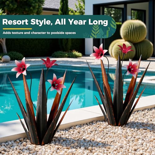 2 Pack Metal Agave Plant Sculptures, Outdoor Agave Plants, Tequila Rustic Sculpture, 16” Hand Painted Garden Decoration Yard Art Plant - color: Black 2pcs W/ Flower
