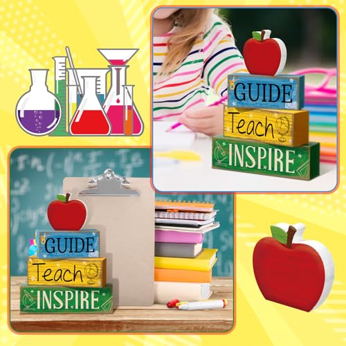 Yuntau 4 Pcs Teacher Appreciation Gift Wooden Table Decoration Apple Tiered Tray Decor Guide Teach Inspire Teacher Appreciation Gift Apple Block Sign Centerpiece Decor for Office Classroom - style: Apple