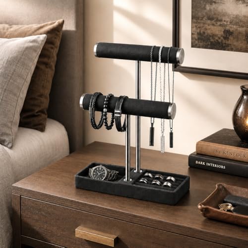 bussdis 2 Tier Bracelet Holder Display - Detachable T Bar Black Velvet Bracelet Holder, Jewelry Holder Organizer for Bracelet, Necklace, Earrings, Rings - color: Black