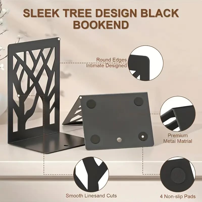 2 Pieces Black Book Ends for Shelves, Modern Tree Design Decorative Bookends, Non-Slip Heavy Duty Metal Book Stopper - 7 x 4.7 x 3.5”