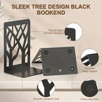 2 Pieces Black Book Ends for Shelves, Modern Tree Design Decorative Bookends, Non-Slip Heavy Duty Metal Book Stopper - 7 x 4.7 x 3.5”