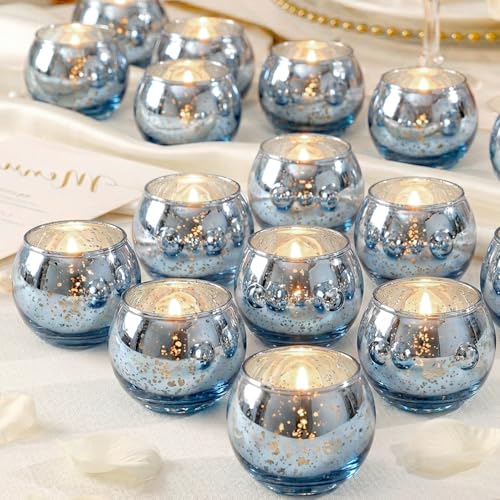 LAMORGIFT 24 Pcs Blue Votive Candle Holders- Blue Centerpieces for Tables, Round Mercury Glass Candle Holder for Wedding Decor, Bridal Shower Decorations - color: Blue