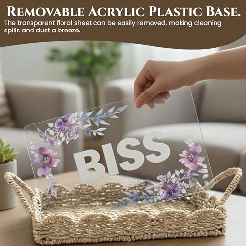 BISS Scalloped Rattan Serving Tray with Removable Floral Transparent Board – Natural Rattan Decorative Wicker Tray with Foldable Handles & Scalloped Edge – Wicker Woven Tray for Coffee Table, Dining
