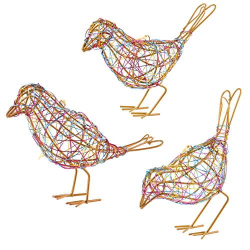 Modern Bird Statue Table Decor Set of 3 - Christmas Ornament - Handmade Metal Bird Sculptures with Colorful Wire Weaving, Multi-Pose Rustic Home Accent - color: Colorful