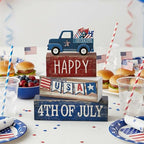 CroBlissful 4 Pcs 4th of July Decorations Patriotic Memorial Day Tabletop Decorations Red White Blue Table Centerpieces Sign for Office Tiered Tray Home Shelf 250th Anniversary(Happy Usa) - style: Happy Usa
