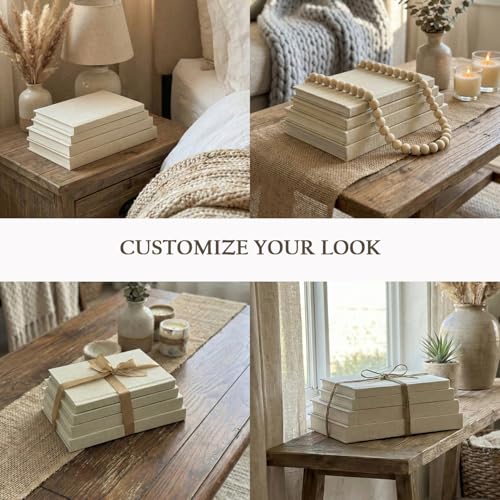 Decorative Books for Home Decor-Set of 4 Real Linen Decorative Books, Stacked Books with Wood Bead Garland, Jute Twine & Satin Ribbon, Neutral Modern Farmhouse & Boho Shelf Decor (Beige) - color: Beige