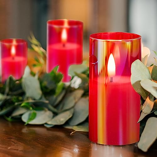 Eywamage Red Glass Flameless Candles with Remote Batteries, Flickering Slim Tall LED Pillar Candles Set of 5 - color: Red