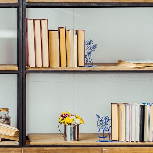 Flower Vase Bookends, Metal Decorative BookEnds for Shelves Cute Book Ends for Office Home Decor, Ideal Gift for Book Lovers (Blue) - color: Blue