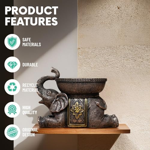 Elephant Decor Resin Sculpture with Tray – Antique Style Animal Figurine for Home, Office, Bookshelf, TV Stand – Unique Gift for Women, Moms, Friends(Copper Elephant Tray) - color: Copper Elephant Tray