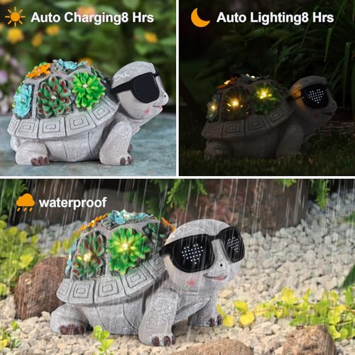 Unique Solar Garden Turtle Statue with I Love You LED Sunglasses and Succulent LED Lights, Lawn Decor Tortoise Figurine for Patio, Balcony Yard Ornament for Mom, Women & Grandma - style: Turtle