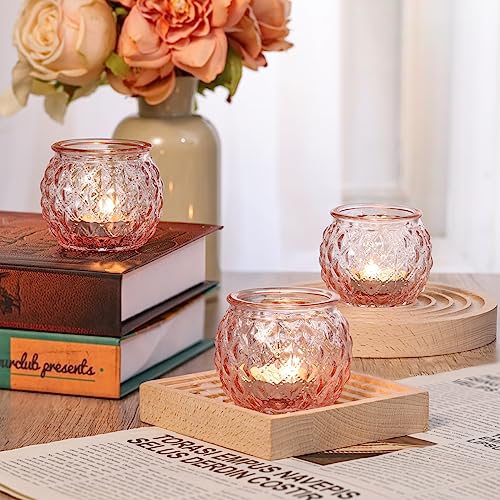 DARJEN Pink Votive Candle Holders Set of 24- Round Glass Candle Holders Bulk for Flameless LED Tea Waxes, Romantic Candle Holder for Wedding & Home Table Decor, Various Parties - color: Pink