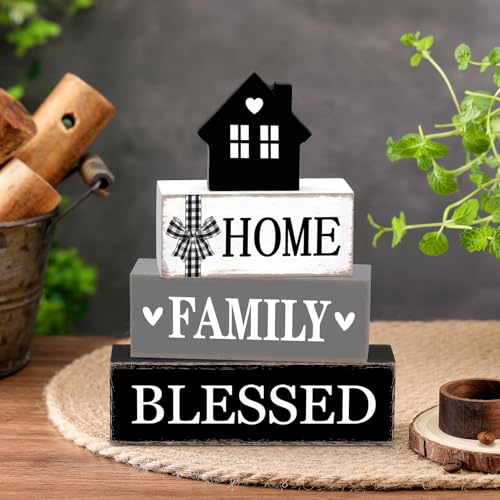 Cinnvoice 4 Pcs Farmhouse Tabletop Decor Rustic Family Blessed Home Table Centerpiece This Is Us Sign for Kitchen Shelf Desk Fireplace Mantel Tiered Tray Decor(Neutral Home Family Blessed) - style: Neutral Home Family Blessed