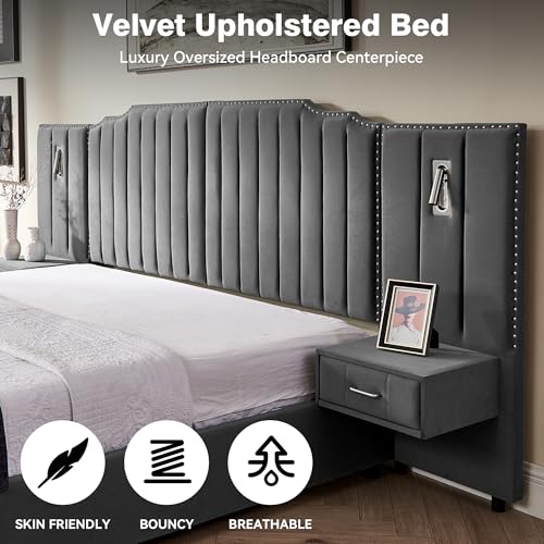 Luxury Queen Size Bed Frame with LED Lights and Nightstands, Modern Velvet Upholstered Platform Bed Frame with Oversized Headboard, Buttons Around, No Box Spring Needed, Grey | Breathable material - color: Grey-velvet, size: Queen