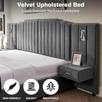 Luxury Queen Size Bed Frame with LED Lights and Nightstands, Modern Velvet Upholstered Platform Bed Frame with Oversized Headboard, Buttons Around, No Box Spring Needed, Grey | Breathable material - color: Grey-velvet, size: Queen