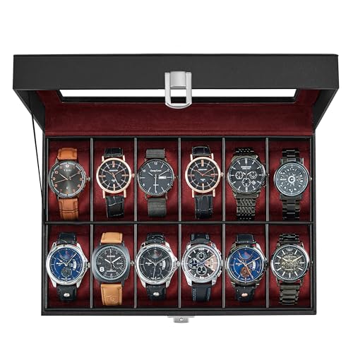 SONGMICS Watch Box, 12-Slot Watch Case Organizer with Large Glass Lid, Removable Pillows, Gift for Loved Ones, Black Synthetic Leather, Wine Red Lining UJWB120R01 - color: Black + Wine Red, size: 12 Slot
