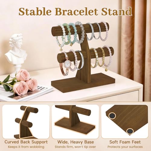 MODOWEY Bracelet Holder Organizer Display Stand, 2 Tier Wooden T Bar Bangle Rack for Dresser, Small Jewelry Hanger with Rod for Vendor Selling, Desktop Vertical Jewellery Tree for Home Business, Brown - color: Brown