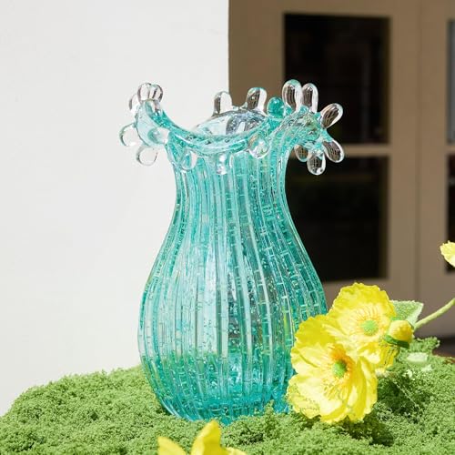 QFkris Hand Blown Glass Luminous Vase for Flowers 8" Teal Crystal Bubble Vases for Bouquet Home Decor Decorative Centerpieces Unique Gift for Birthday Housewarming Mothers Day - style: Luminous