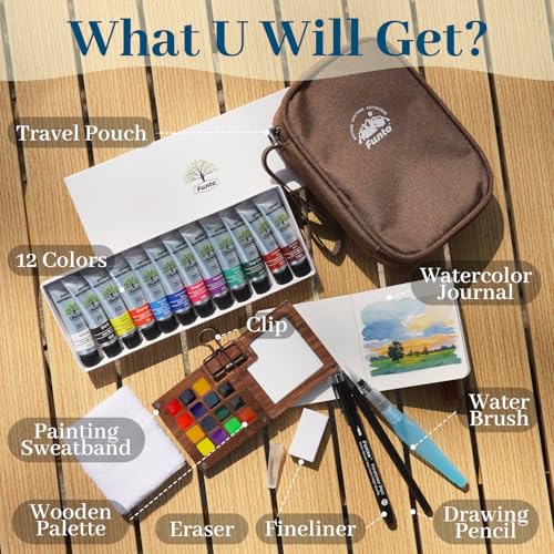 Funto Mini Watercolor Travel Set, 12-Color Refillable Travel Art Kit, All-in-One Mini Paint Supplies with Bag, Art Craft for All, Portable Water Color Paint for Beginners, lovers and Artists - color: 15-Wood