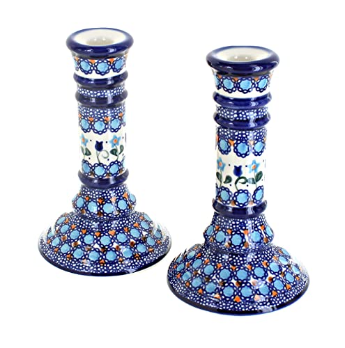 Blue Rose Polish Pottery - Blue Savannah Candlestick Pair - 7.5" Tall - Hand-Painted Polish Pottery Ceramic Candle Holders
